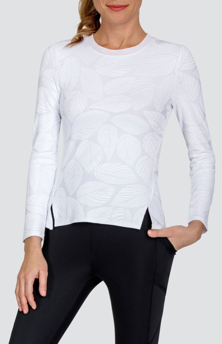 Tennis Tail Activewear Long Sleeve | Cosima Top - Fading Leaves Chalk